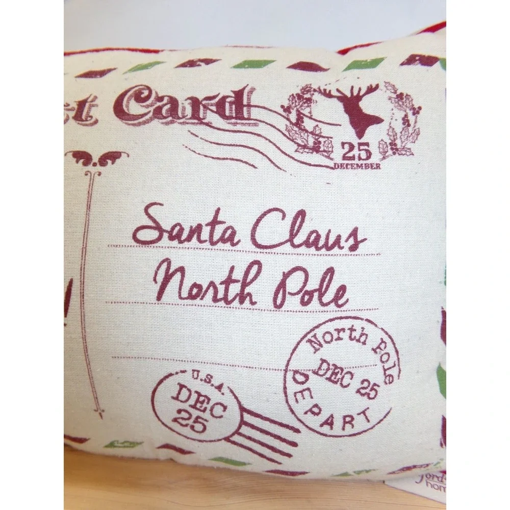Stratford Home‎ Christmas Post Card Throw Pillows 19x14 Red Beige Set of 2